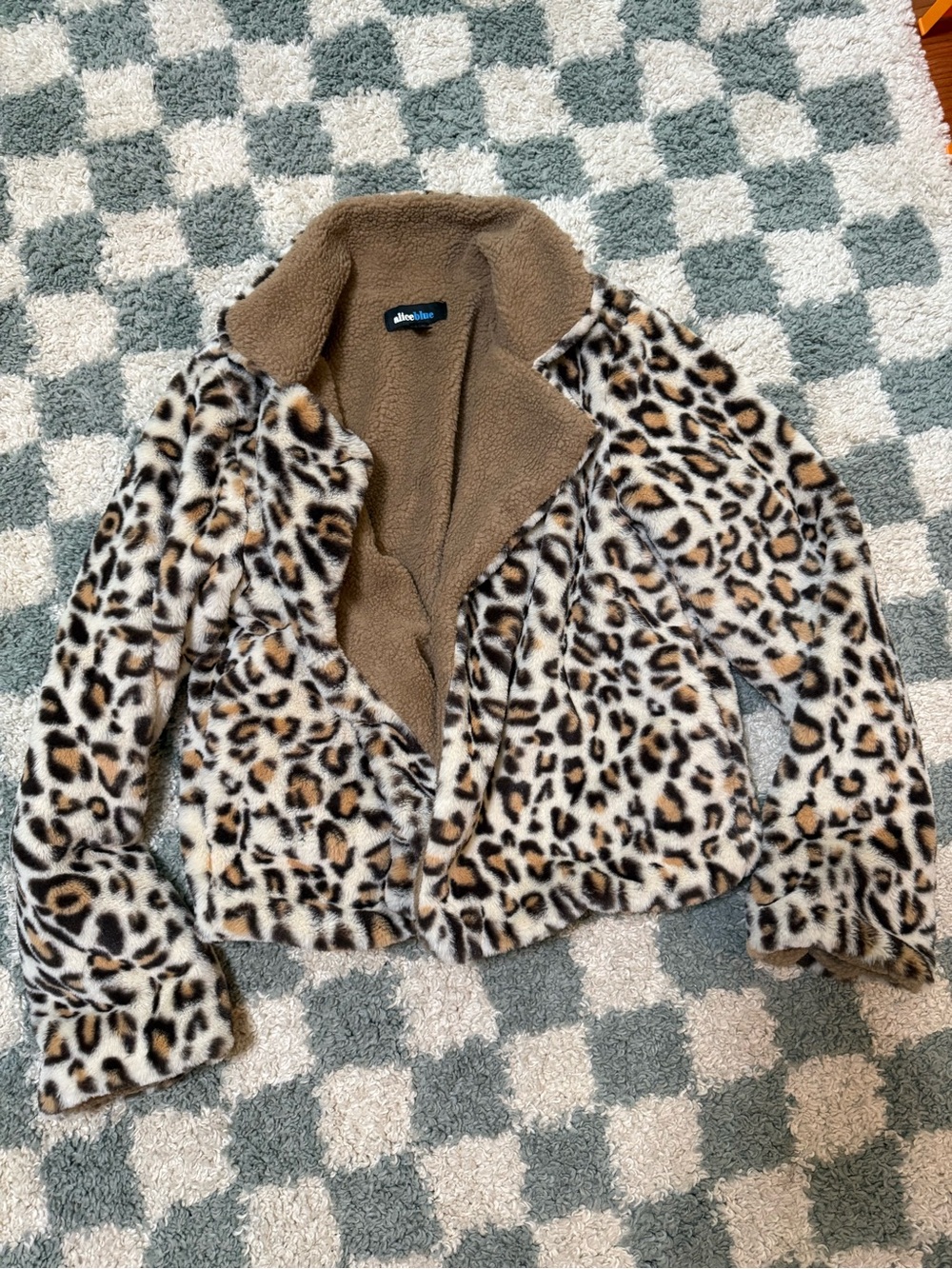 ALICEBLUE Sherpa lined fuzzy cheetah print Teddy jacket open front animal Large